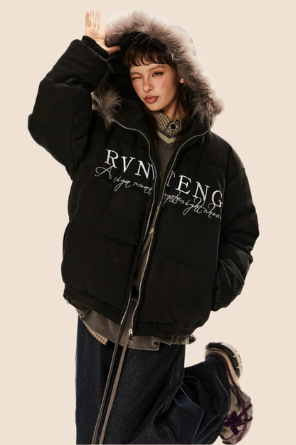 Retro Letter Embroidery Warm Hooded Jacket