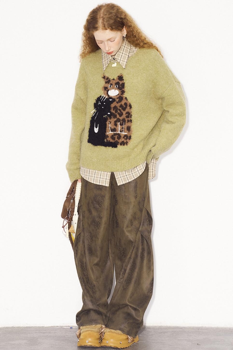 Leopard Print Embroidered Pullover Sweater