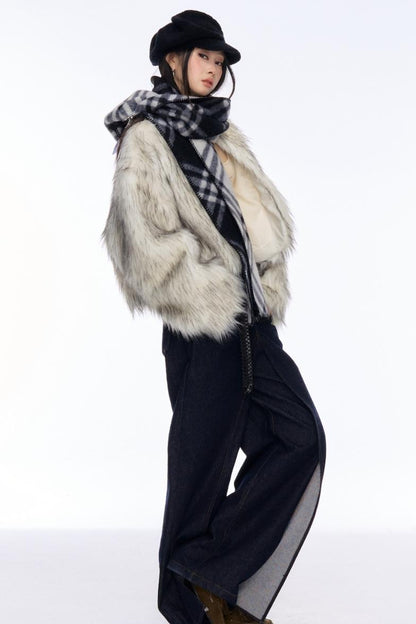 Contrast Eco-Fur Jacket & Scarf