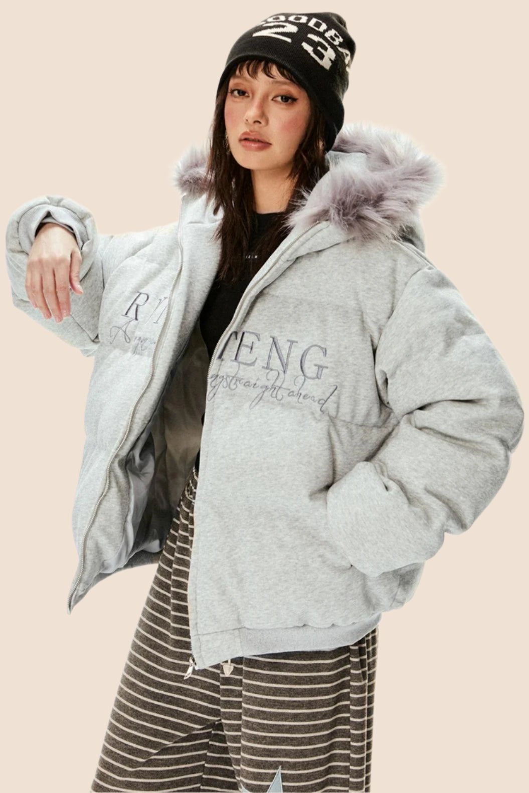 Retro Letter Embroidery Warm Hooded Jacket