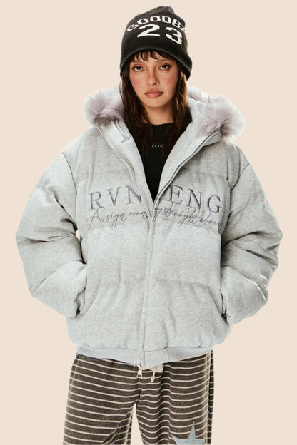 Retro Letter Embroidery Warm Hooded Jacket