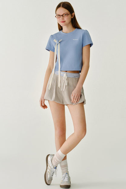 리본 디테일 레터 프린트 티셔츠 