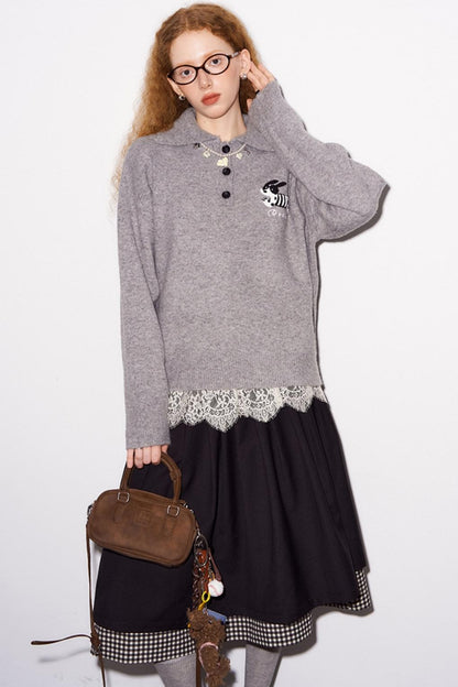 Preppy Loose Polo Knit Sweater