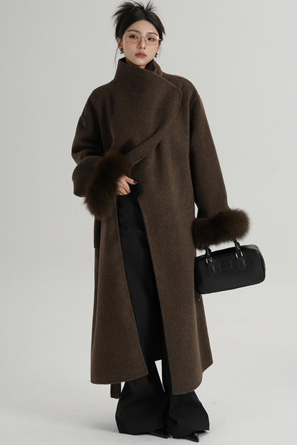 Fur Sleeve Long Woolen Coat