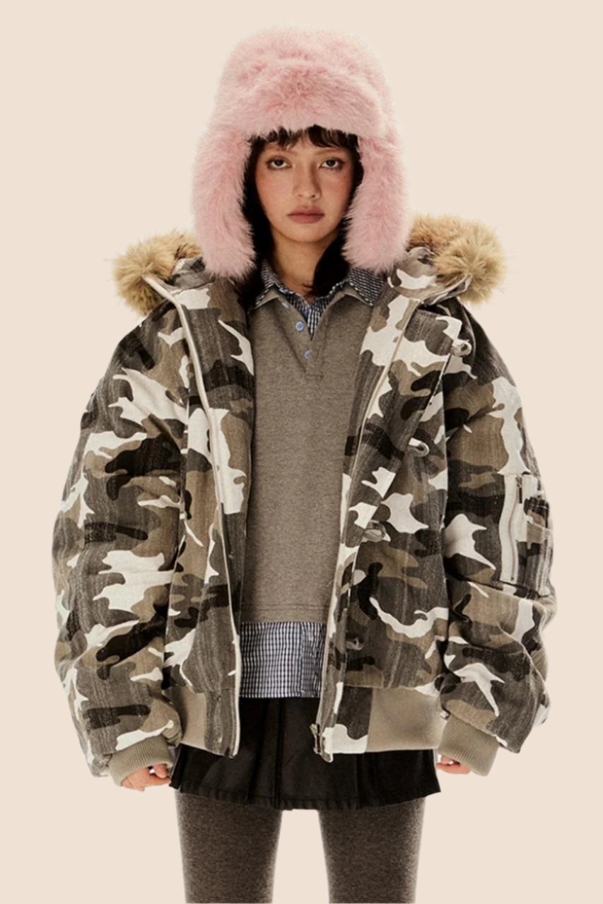 Retro Camouflage Fur Hooded Jacket