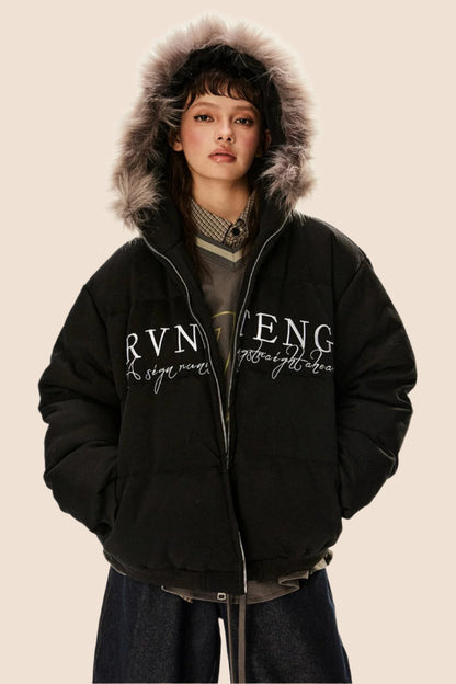 Retro Letter Embroidery Warm Hooded Jacket