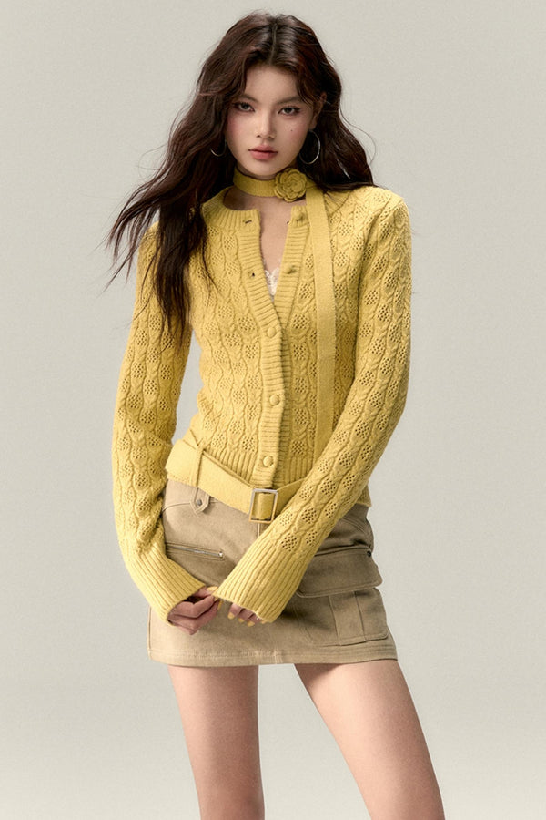 벨트 컷아웃 니트 카디건 & 스카프 세트 