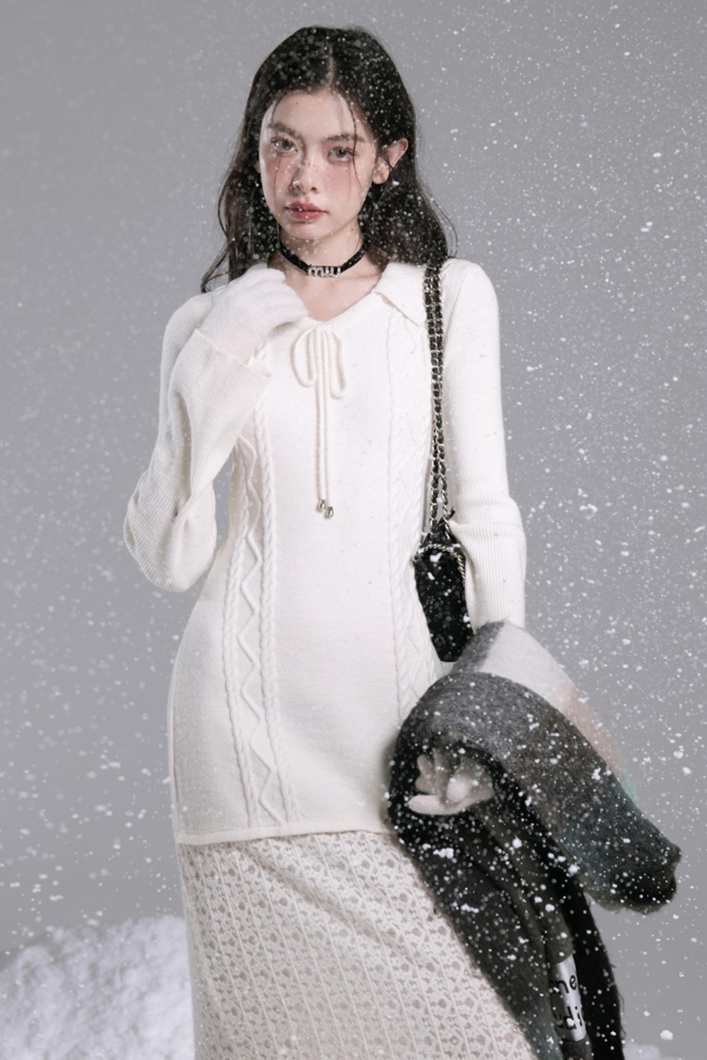 Lace-Panel Woolen Dress