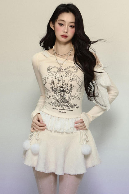 Lace Slanted Shoulder Long Sleeve Tops