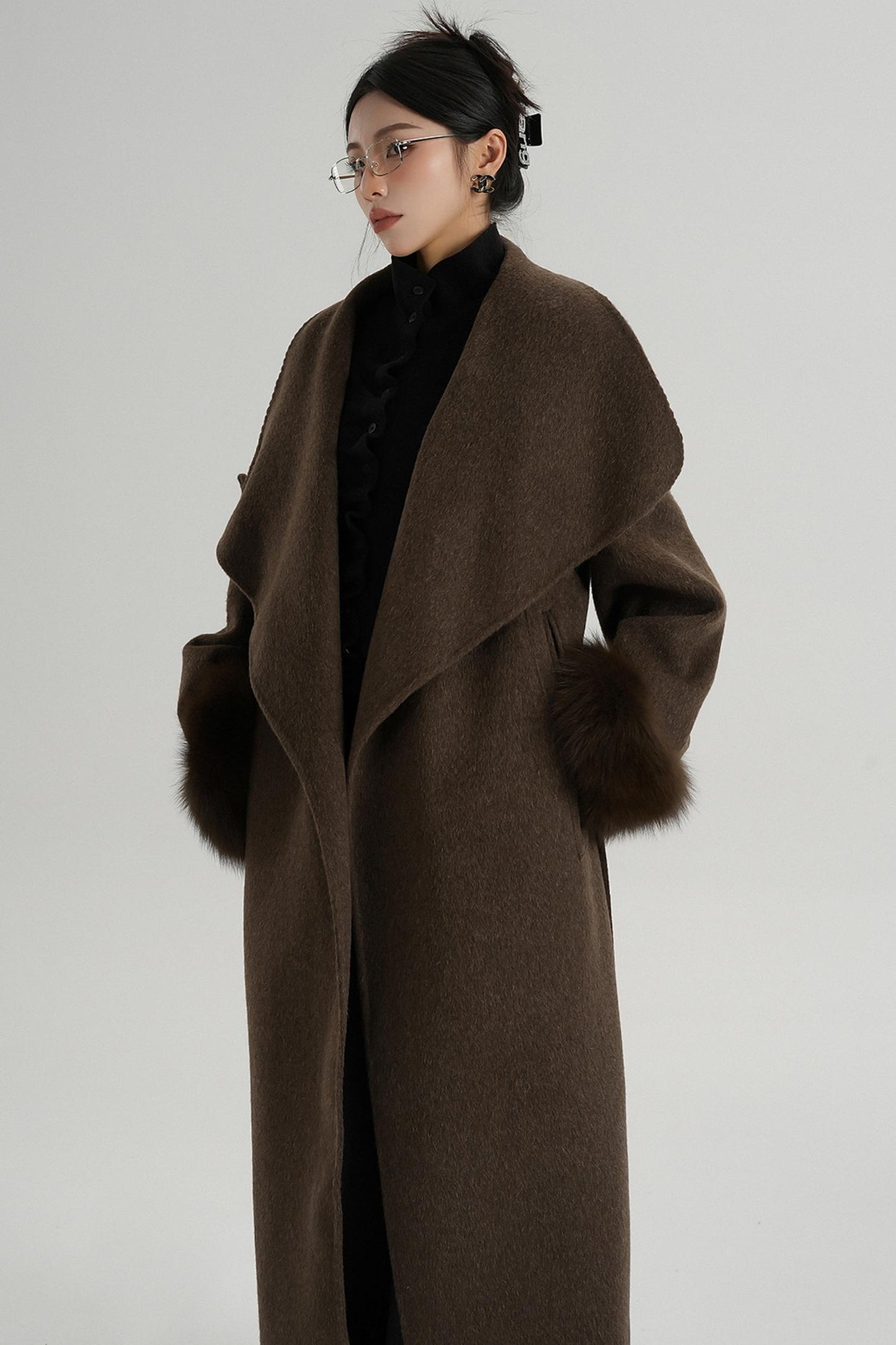 Fur Sleeve Long Woolen Coat