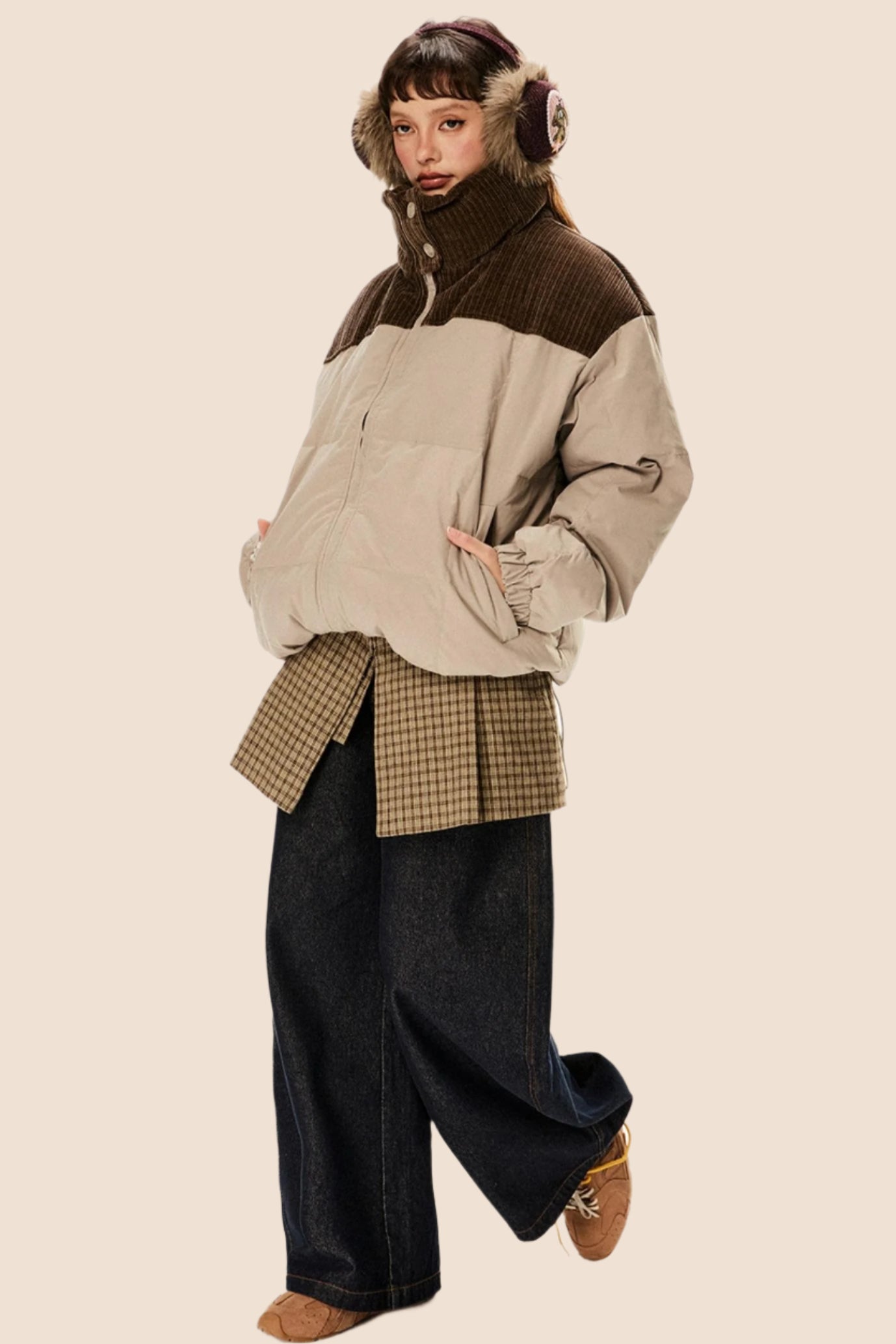 Retro Stand Collar Corduroy Down Jacket