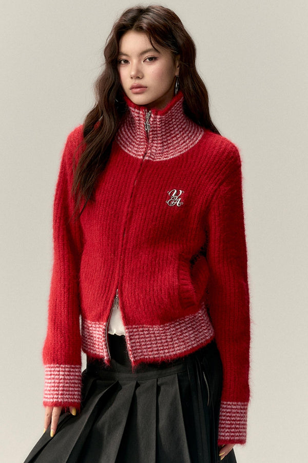 High Neck Contrast Knit Cardigan