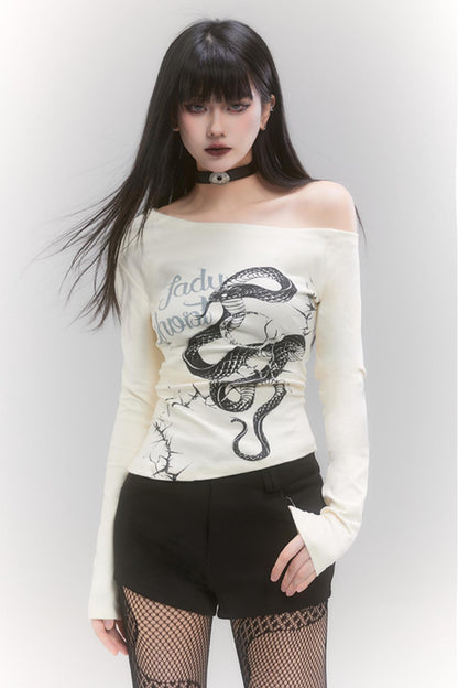 Das ursprüngliche Neujahrsgewand des Schlangenjahres von Ghost Girl, One-Shoulder-Top, scharfes und würziges figurbetontes langärmeliges T-Shirt, heißes Mädchen-Outfit 