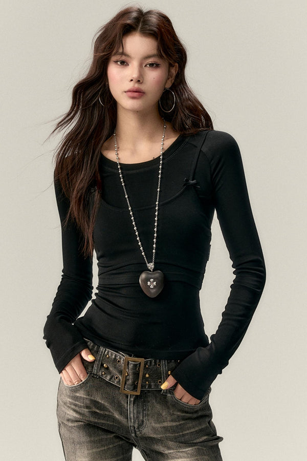 Bow Accent  Long Sleeve Tops