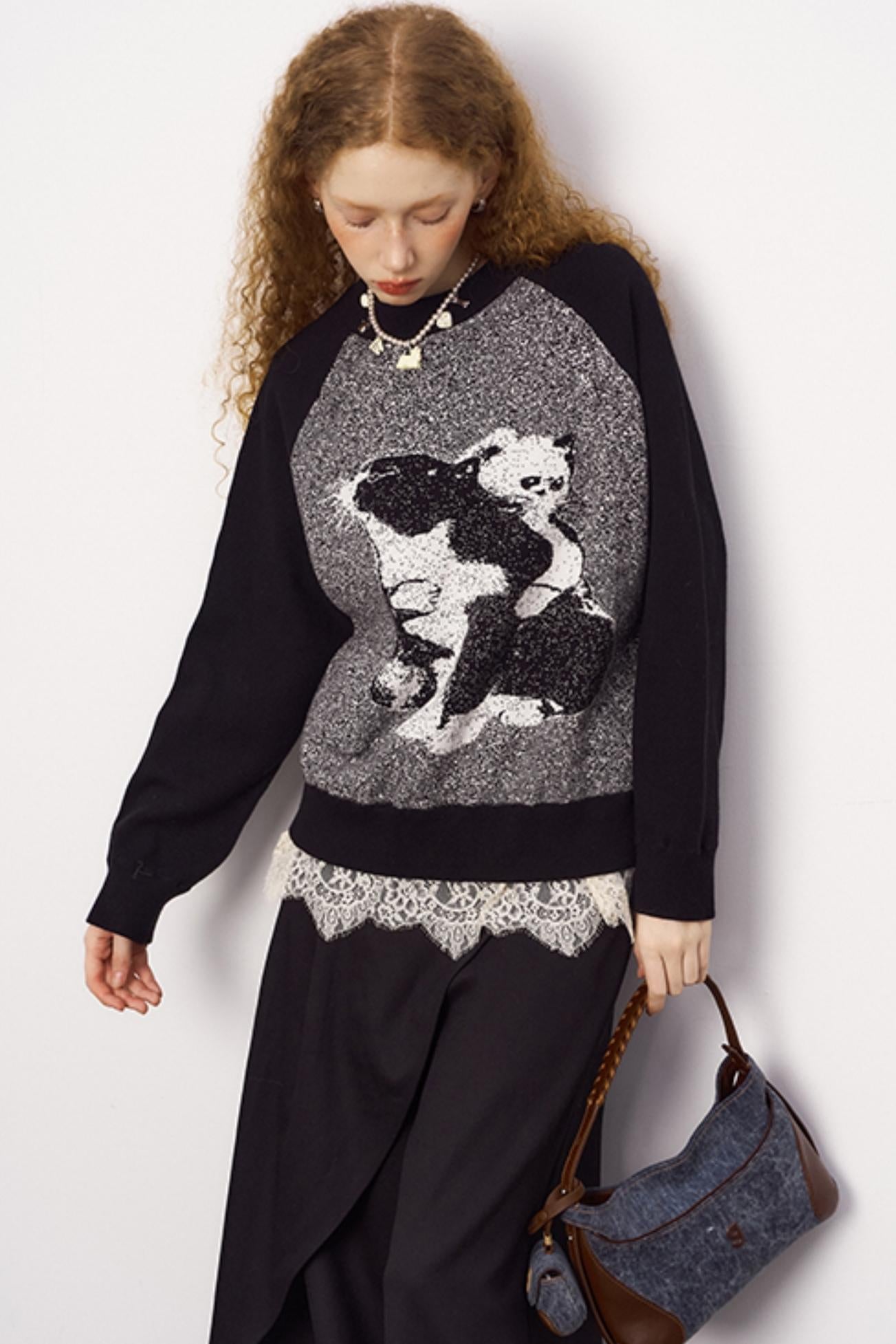 Cat Jacquard Raglan Sleeve Sweater