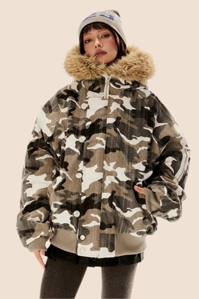 Retro Camouflage Fur Hooded Jacket