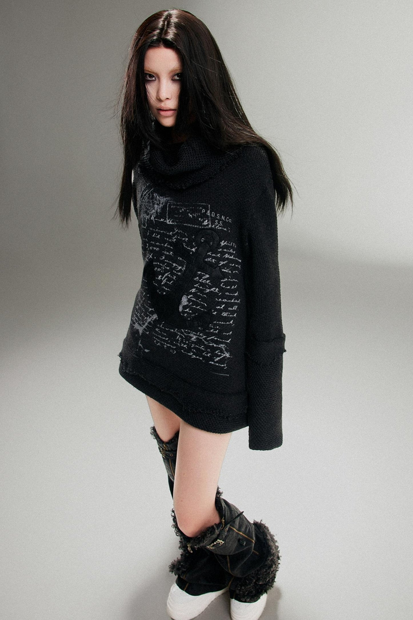 High Neck Anchor Print Loose Sweater