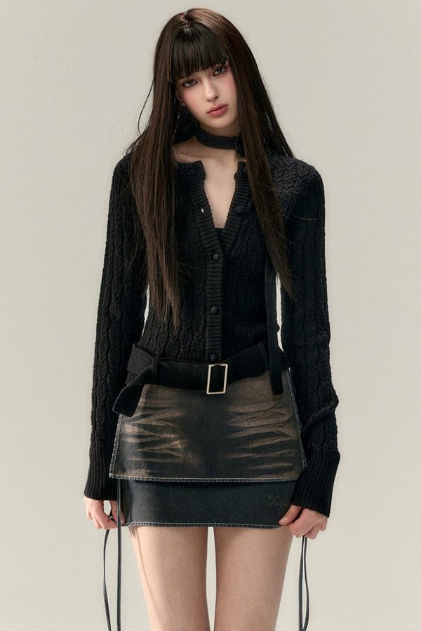 벨트 컷아웃 니트 카디건 & 스카프 세트 