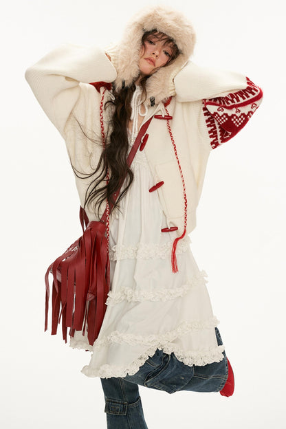 Patchwork Bow Jacquard Hooded Sweater Coat