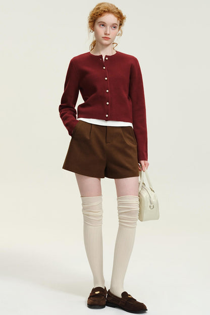 Round Neck Pearl Buckle Knitted Cardigan