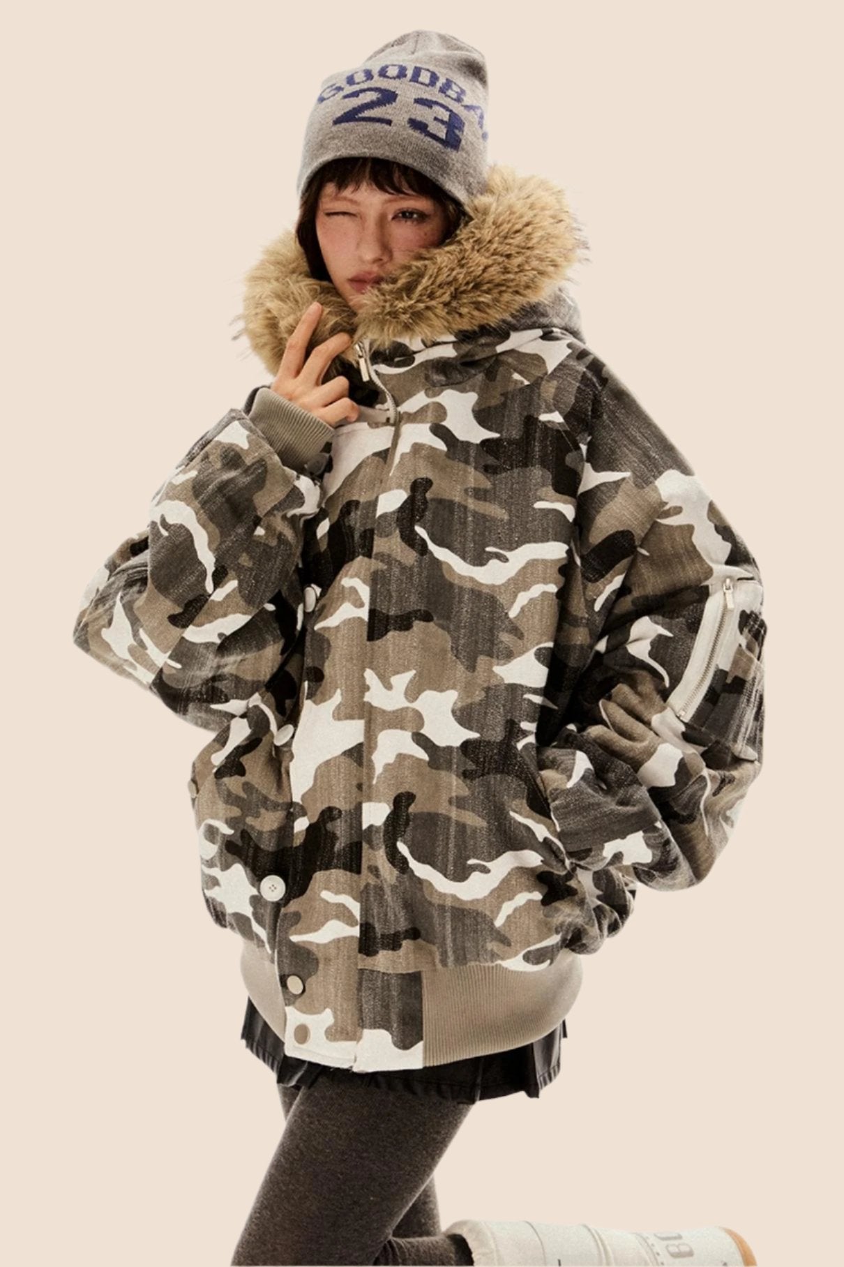 Retro Camouflage Fur Hooded Jacket