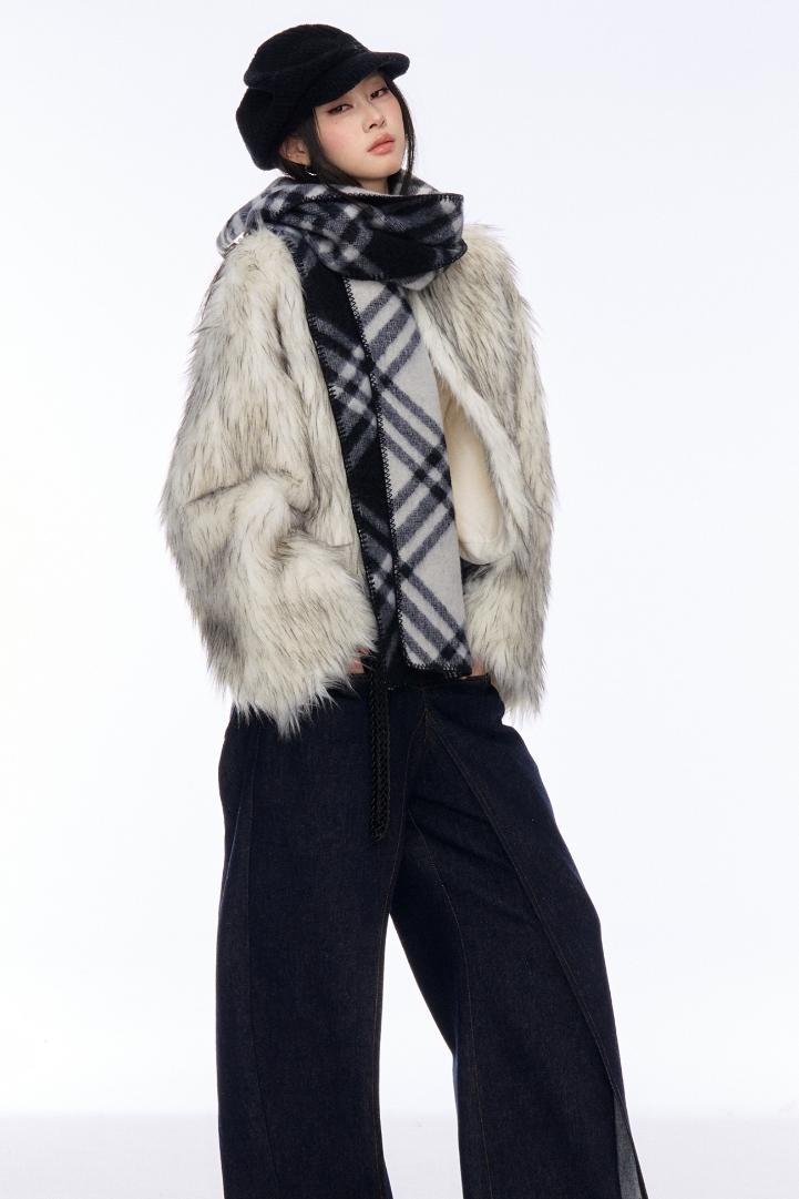 Contrast Eco-Fur Jacket & Scarf