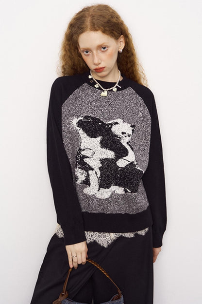 Cat Jacquard Raglan Sleeve Sweater