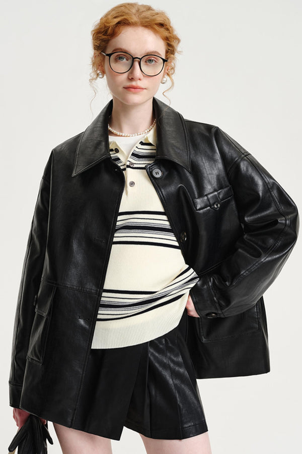 Plus Lapel Leather Jacket