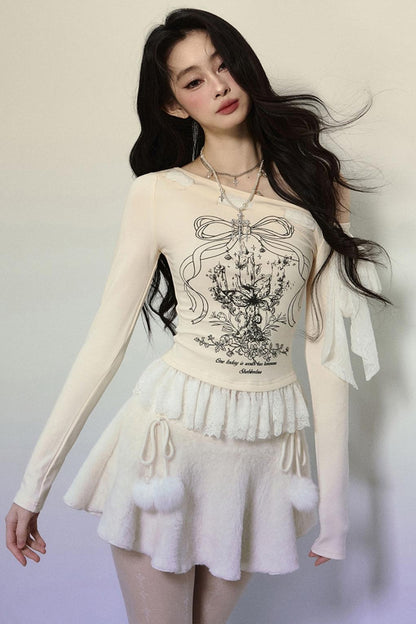 Lace Slanted Shoulder Long Sleeve Tops