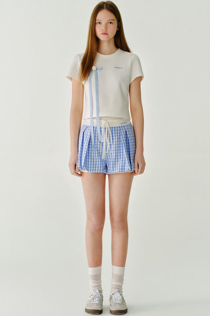 리본 디테일 레터 프린트 티셔츠 