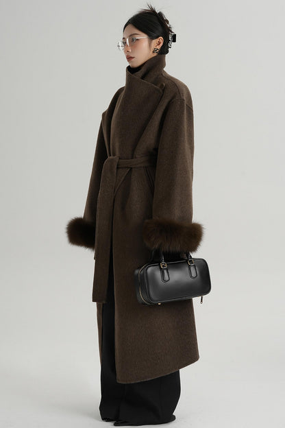 Fur Sleeve Long Woolen Coat