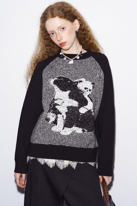 Cat Jacquard Raglan Sleeve Sweater