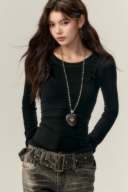 Bow Accent  Long Sleeve Tops