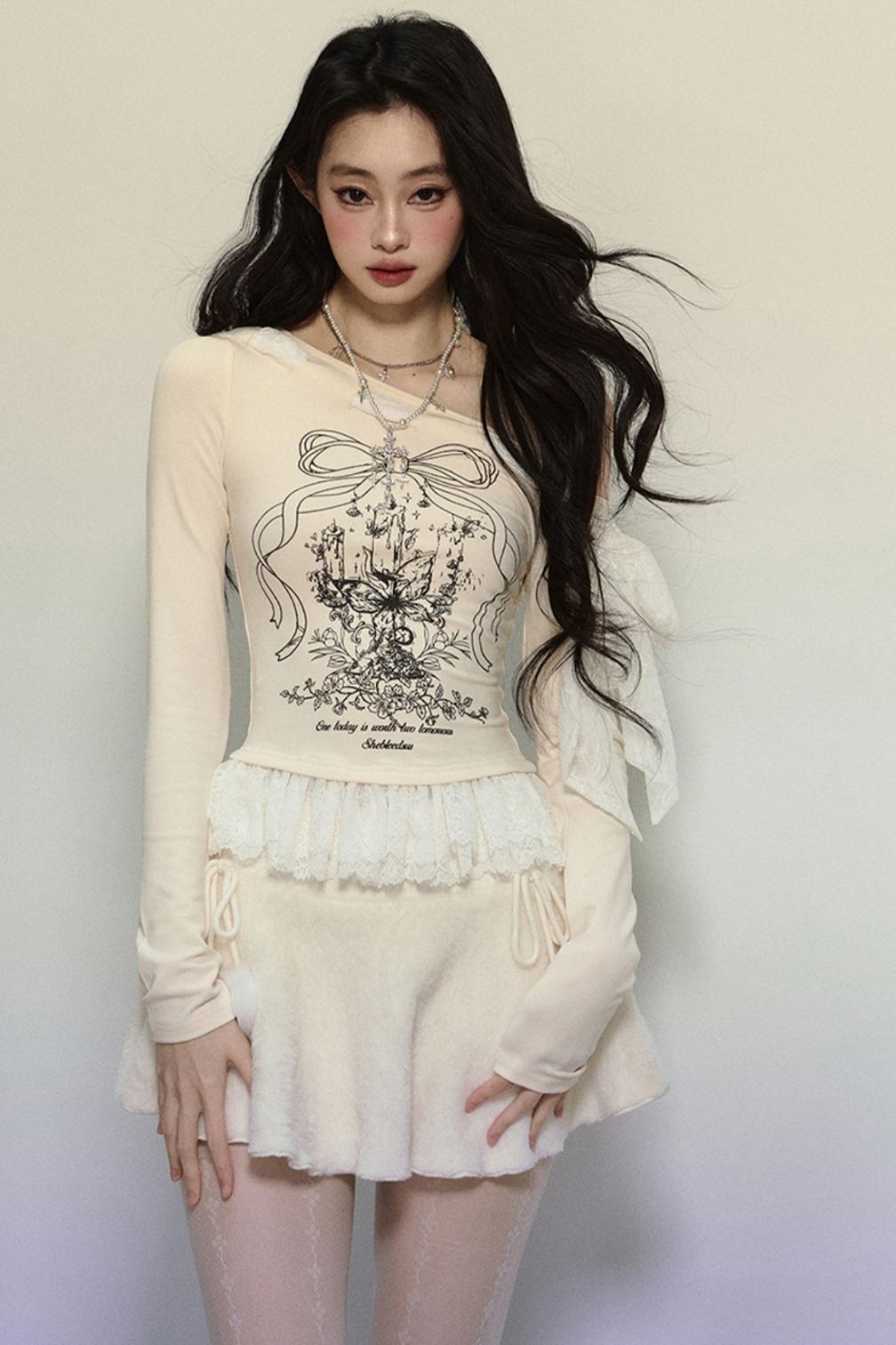 Lace Slanted Shoulder Long Sleeve Tops