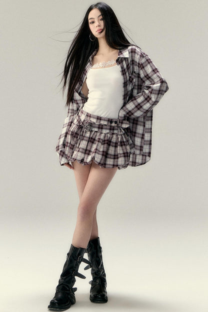Plaid Fluffy Skirt & Shirt Set-Up