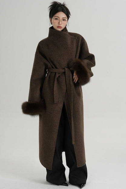 Fur Sleeve Long Woolen Coat