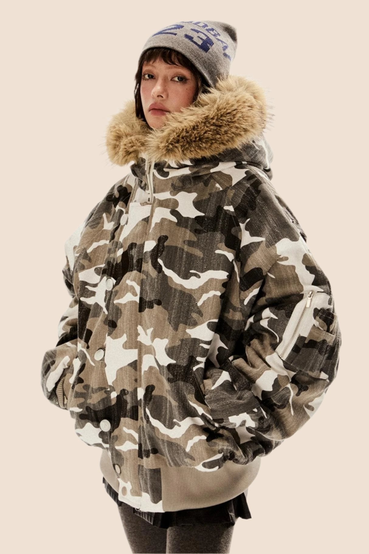 Retro Camouflage Fur Hooded Jacket