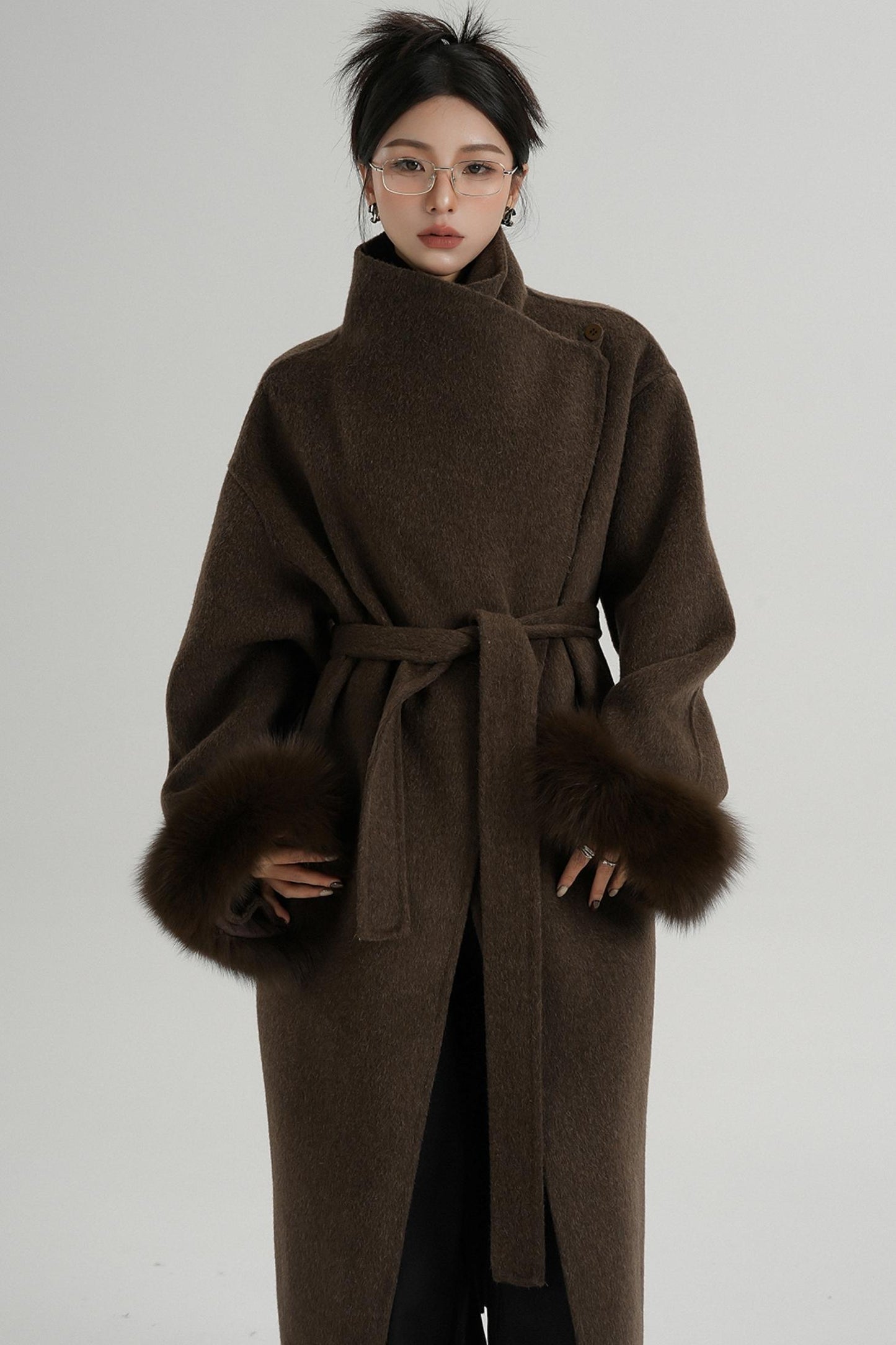 Fur Sleeve Long Woolen Coat