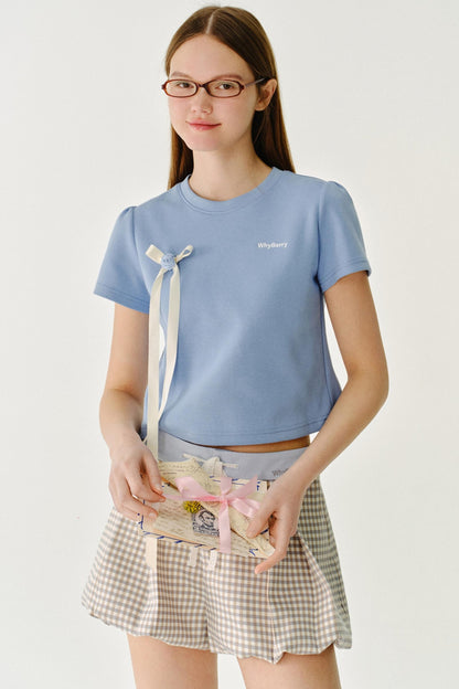 리본 디테일 레터 프린트 티셔츠 