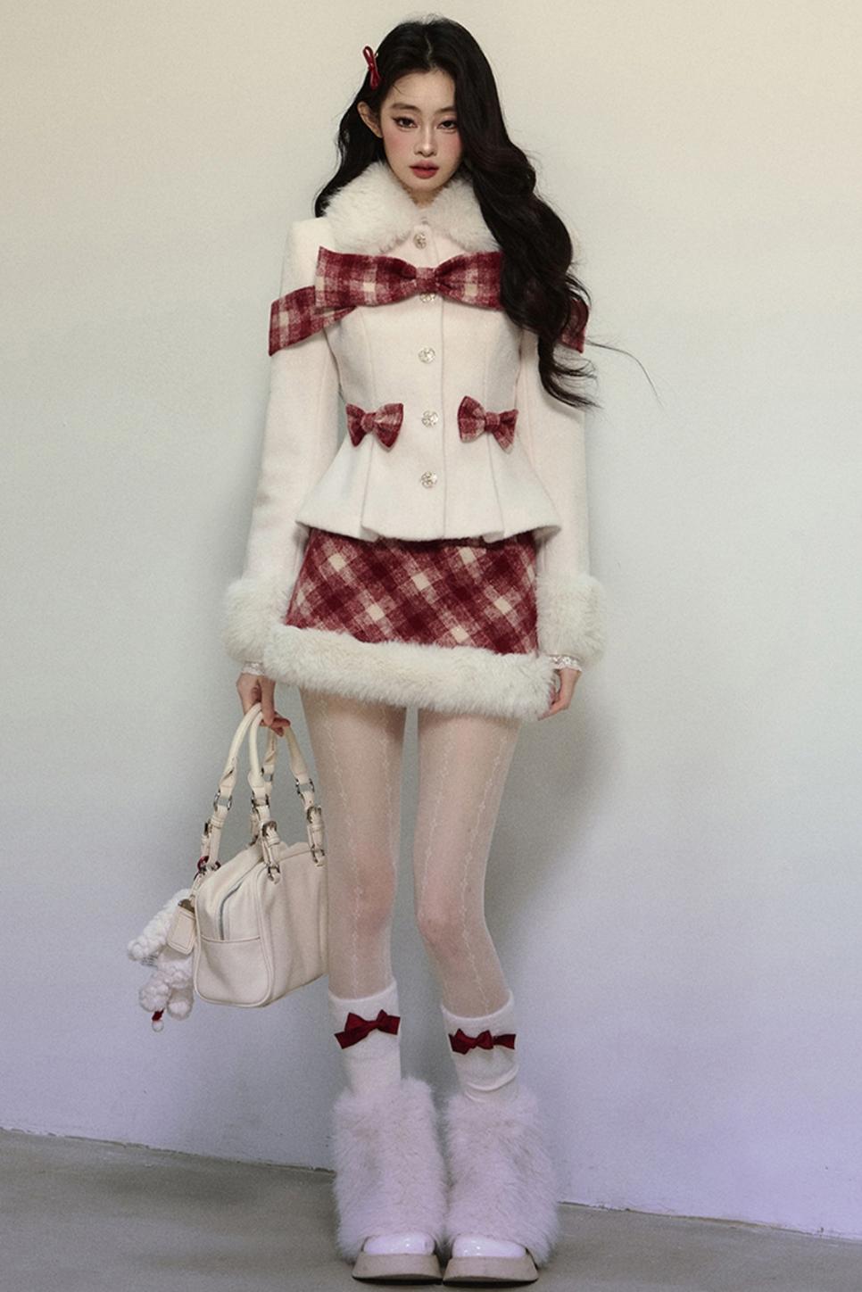 High-End Woolen Jacket & Checkered Skirt Set-Up