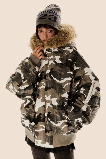 Retro Camouflage Fur Hooded Jacket