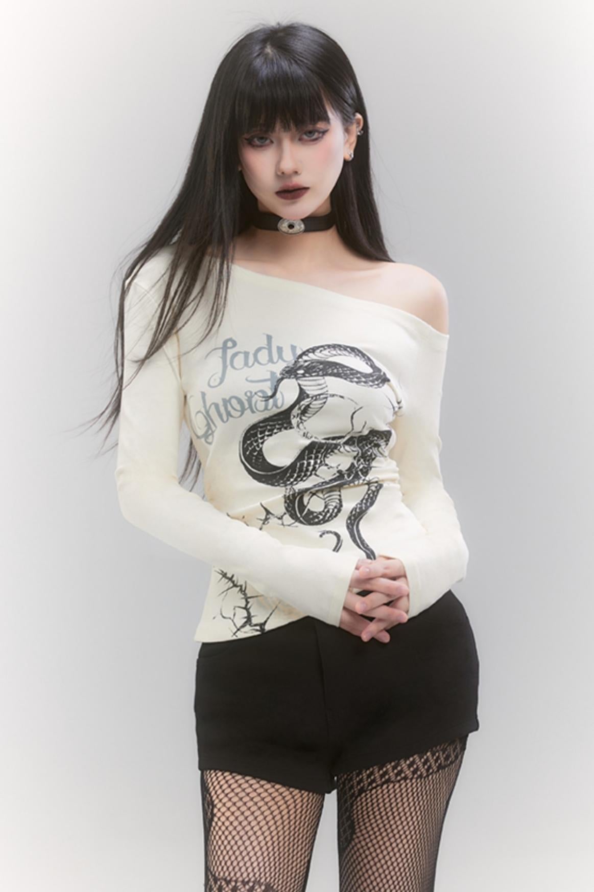 Das ursprüngliche Neujahrsgewand des Schlangenjahres von Ghost Girl, One-Shoulder-Top, scharfes und würziges figurbetontes langärmeliges T-Shirt, heißes Mädchen-Outfit 