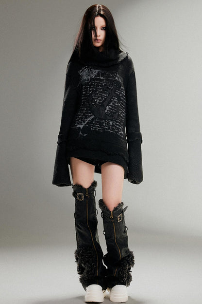 High Neck Anchor Print Loose Sweater