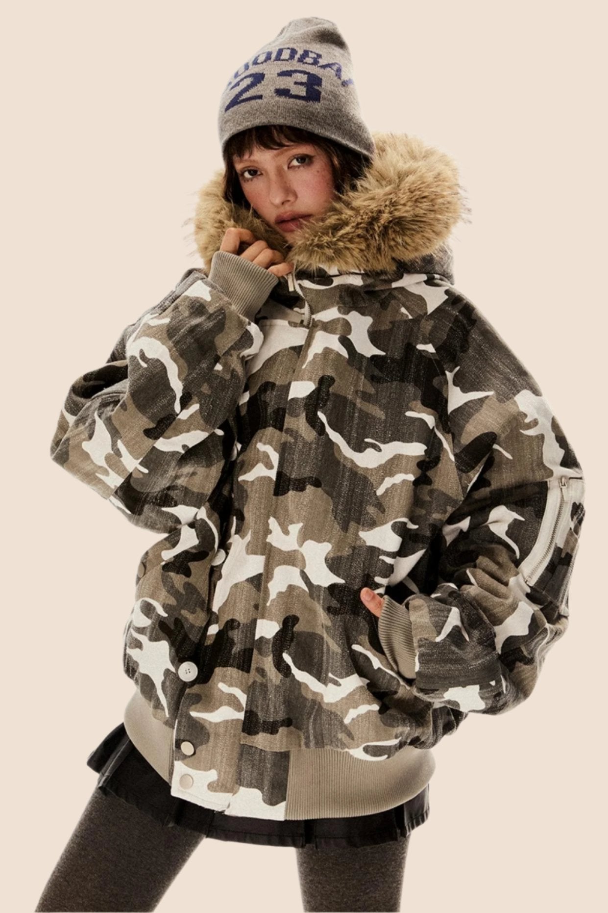 Retro Camouflage Fur Hooded Jacket