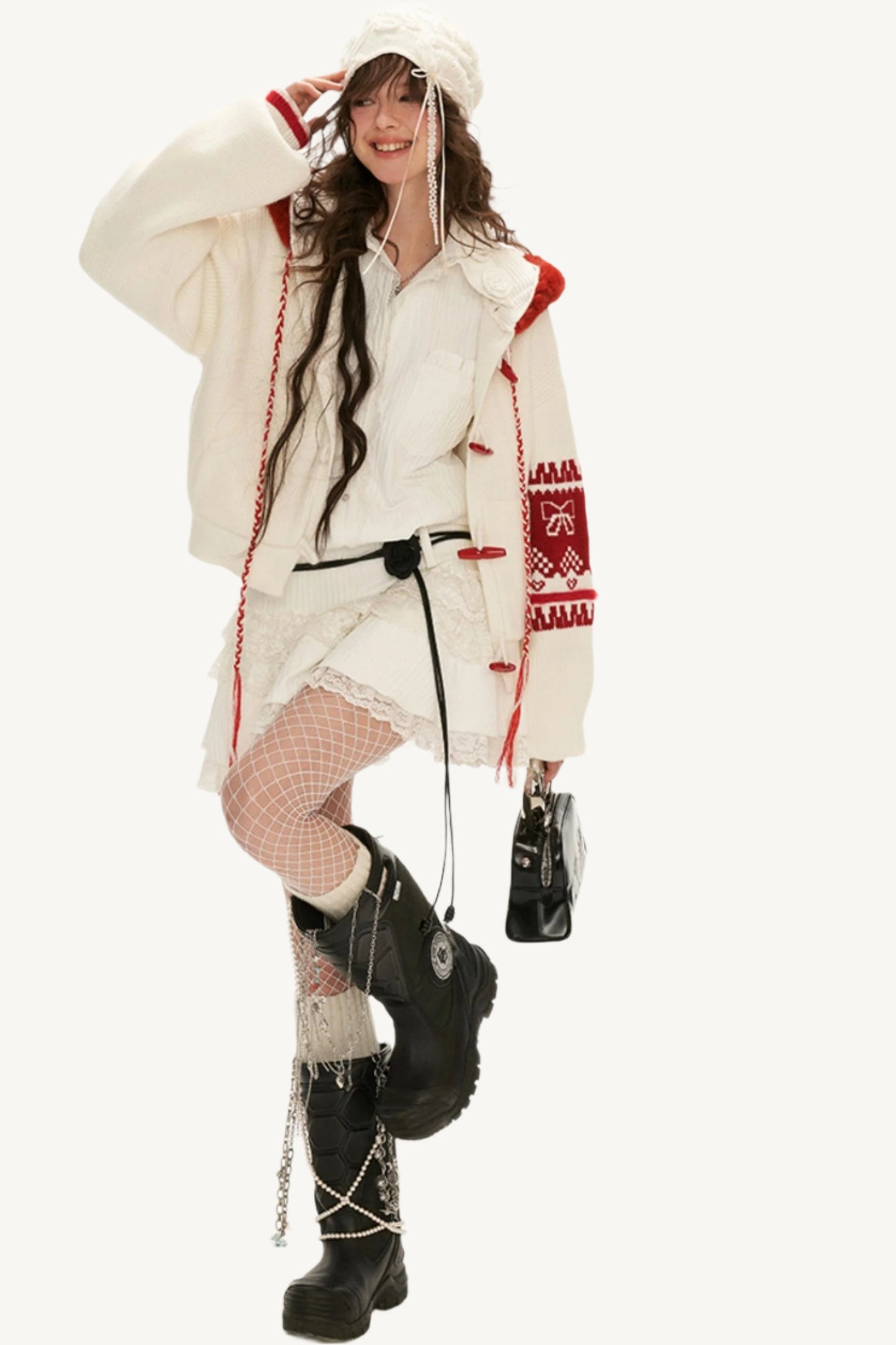 Patchwork Bow Jacquard Hooded Sweater Coat