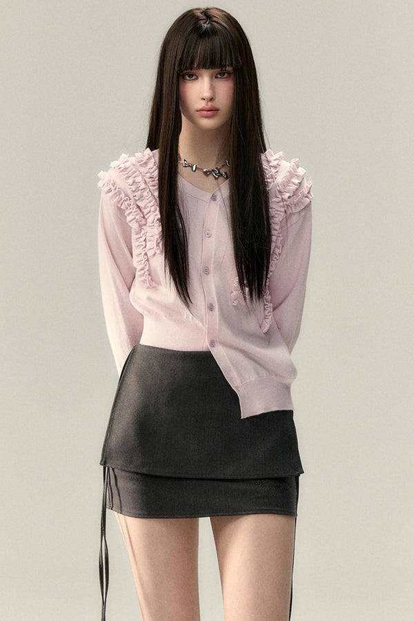 Pleated Design Lace Knit Wool Cardigan