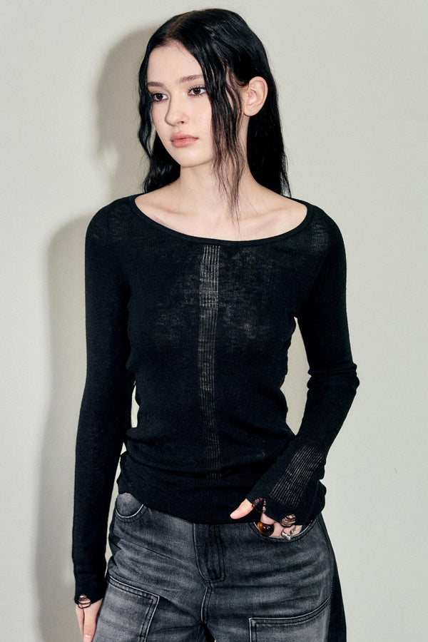 Crewneck Semi-Sheer Long Sleeve Top