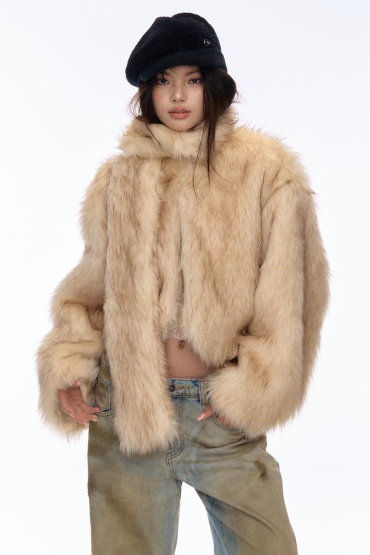 Contrast Eco-Fur Jacket & Scarf