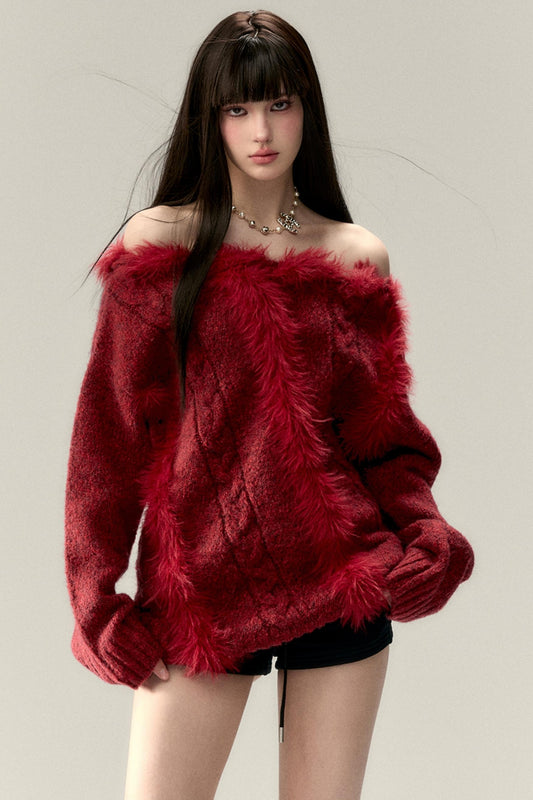 Wool Knit Slanted Shoulder Sweater