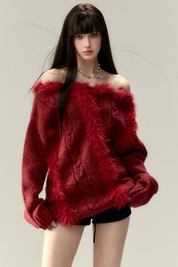 Wool Knit Slanted Shoulder Sweater